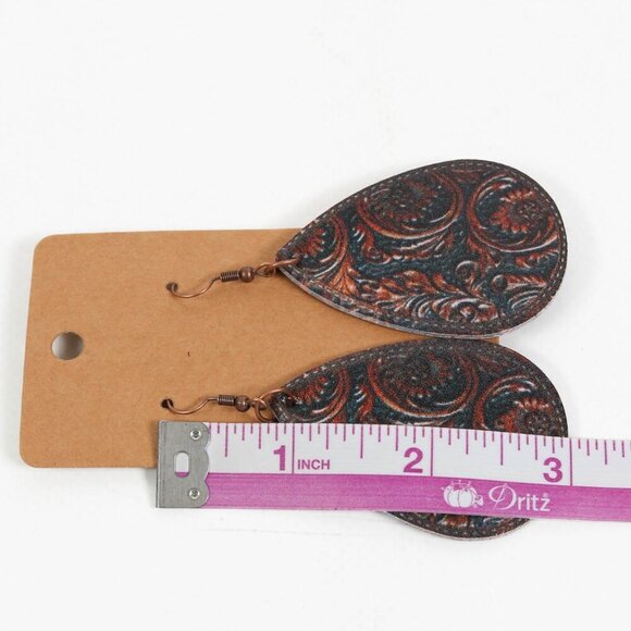 Bohemian Teardrop Earrings - Floral Print Faux Leather, Antique Bronze Finish - Picture 4 of 5